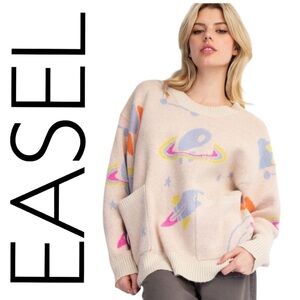 EASEL NWT CREAM SWEATER-PATCH POCKETS-DROP SHOULDERS-PASTEL ABSTRACT DESIGNS